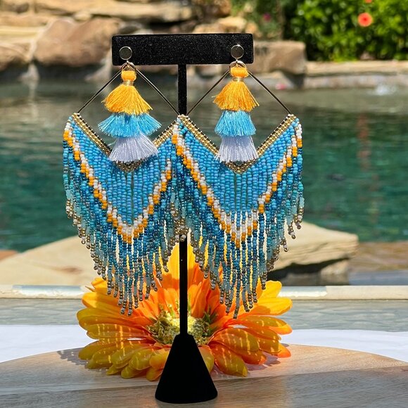 Handmade Beaded Long Tassel Fringe Dangle Drop Bohemian Post Diamond Earrings - Picture 5 of 9